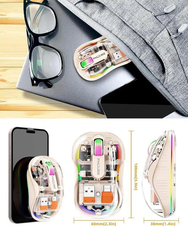 Alt view image 7 of 7 - Bluetooth Wireless Mouse, Computer Mouse for Laptop/Desktop PC, Silent Mouse with RGB Lights, 5.1 Bluetooth Mouse, Dual Bluetooth + USB & Type-C 2.4G 2400 DPI, Transparent Mouse for Home Office