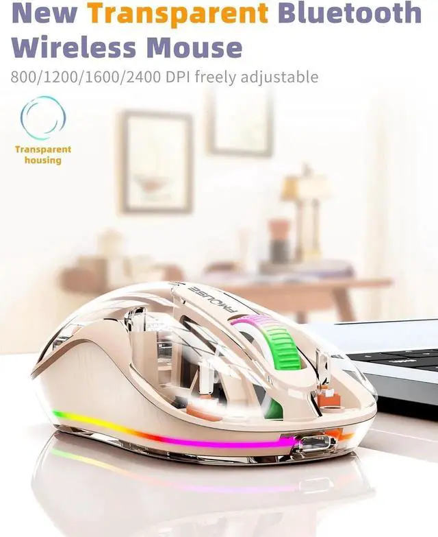 Alt view image 6 of 7 - Bluetooth Wireless Mouse, Computer Mouse for Laptop/Desktop PC, Silent Mouse with RGB Lights, 5.1 Bluetooth Mouse, Dual Bluetooth + USB & Type-C 2.4G 2400 DPI, Transparent Mouse for Home Office