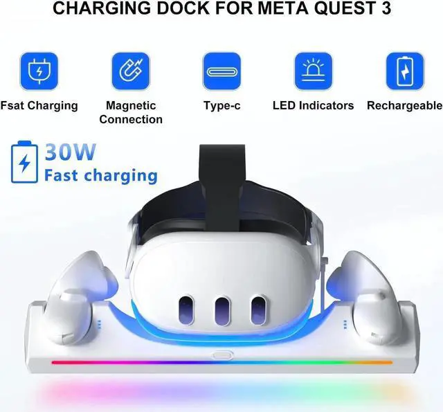 Alt view image 5 of 7 - Charging Station for Me-ta/O-cu-lus Quest 3S/ Quest 3 Accessories, 30W Fast Adapter for Me-ta Quest 3 Charging Dock with LED Indicator, Includes 2*1800mAh Rechargeable Batteries for VR Headset