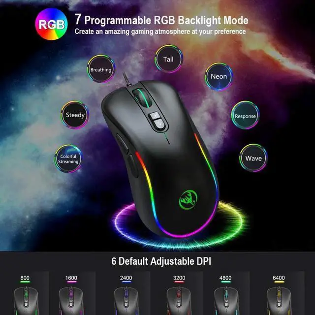 Alt view image 5 of 7 - Gaming Mouse Wired [6400 DPI] [Programmable] [Breathing Light] Ergonomic Game USB Computer Gaming Mice RGB Gamer Desktop Laptop PC Gaming Mouse, 7 Buttons for Windows 7/8/10/XP Vista Linux