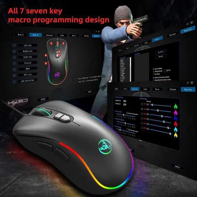 Alt view image 6 of 7 - Gaming Mouse Wired [6400 DPI] [Programmable] [Breathing Light] Ergonomic Game USB Computer Gaming Mice RGB Gamer Desktop Laptop PC Gaming Mouse, 7 Buttons for Windows 7/8/10/XP Vista Linux