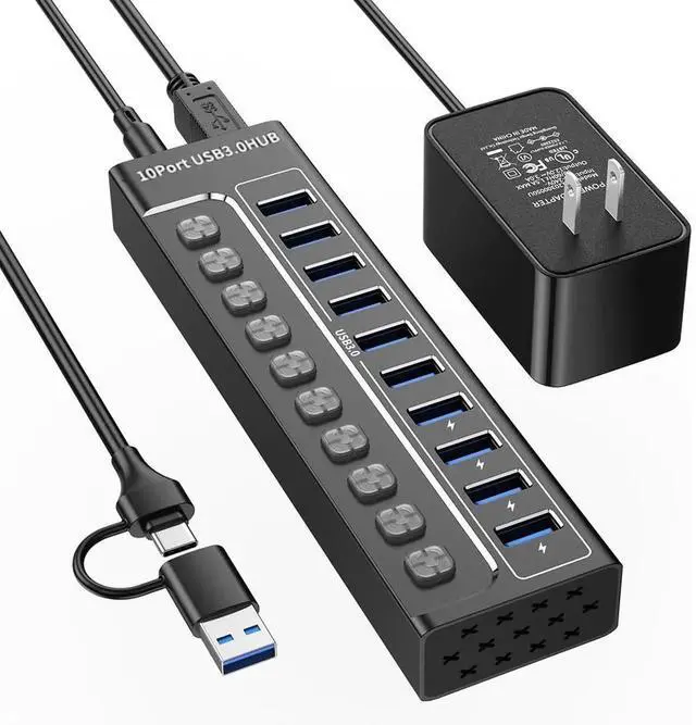 Main image of AUTYUE Powered USB Hub 3.0, 10-Port USB 3.0 Hub Splitter with Individual Switches and Indicator Lights, 10 USB 3.0 Data Transfer Ports, (included 4 Charging Ports) + 12V 3A Power Adapter