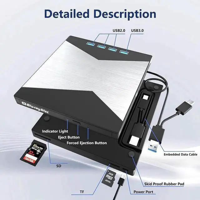 Alt view image 2 of 7 - 7-in-1 External Blu Ray Drive, 4K Portable Blu Ray Burner USB 3.0 Type-C BD Player with SD/TF Port, CD/DVD Burner R/W 3D BluRay Drive, External 4K Blu Ray Drive Compatible with Windows MacOS Laptop PC