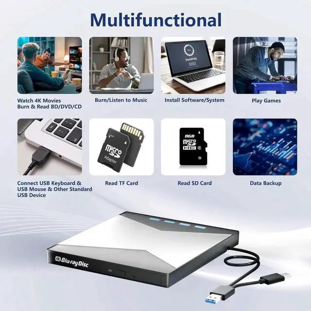 Alt view image 6 of 7 - 7-in-1 External Blu Ray Drive, 4K Portable Blu Ray Burner USB 3.0 Type-C BD Player with SD/TF Port, CD/DVD Burner R/W 3D BluRay Drive, External 4K Blu Ray Drive Compatible with Windows MacOS Laptop PC