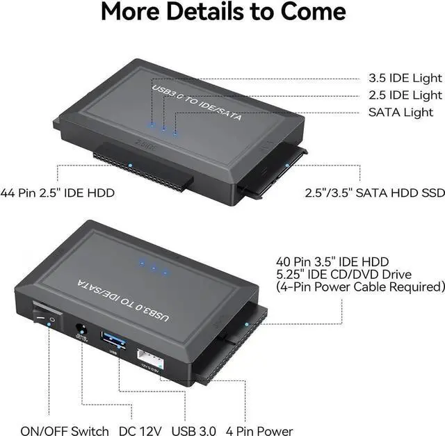 Alt view image 4 of 7 - Hard Drive Reader SATA IDE to USB 3.0 Adapter, USB 3.0 to SATA/IDE Hard Drive Ultra Recovery Converter Kit Data Retrieval Device for 2.5" 3.5" HDD SSD Hard Drive Disk 5.25" DVD/CD-ROM Optical Drivedd