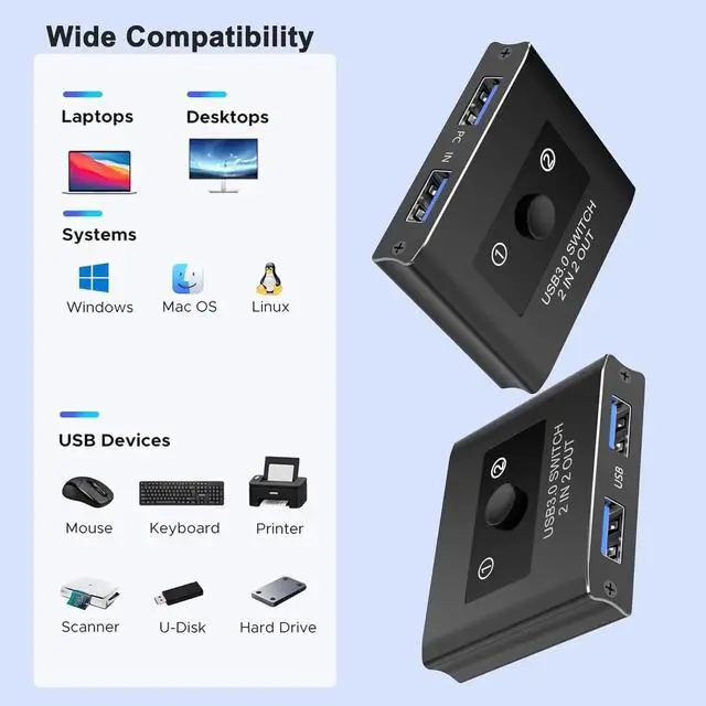 Alt view image 5 of 7 - USB 3.0 Switch 2 in 2 Out, USB Switcher Selector for 2 Computers, Share Keyboard, Mouse, Printer, Scanner, KVM Switch Selector, Compatible with Windows, Mac, Linux, Includes 2 USB-A 3.0 Cables