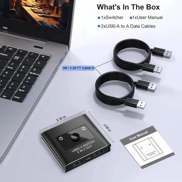 Alt view image 7 of 7 - USB 3.0 Switch 2 in 2 Out, USB Switcher Selector for 2 Computers, Share Keyboard, Mouse, Printer, Scanner, KVM Switch Selector, Compatible with Windows, Mac, Linux, Includes 2 USB-A 3.0 Cables