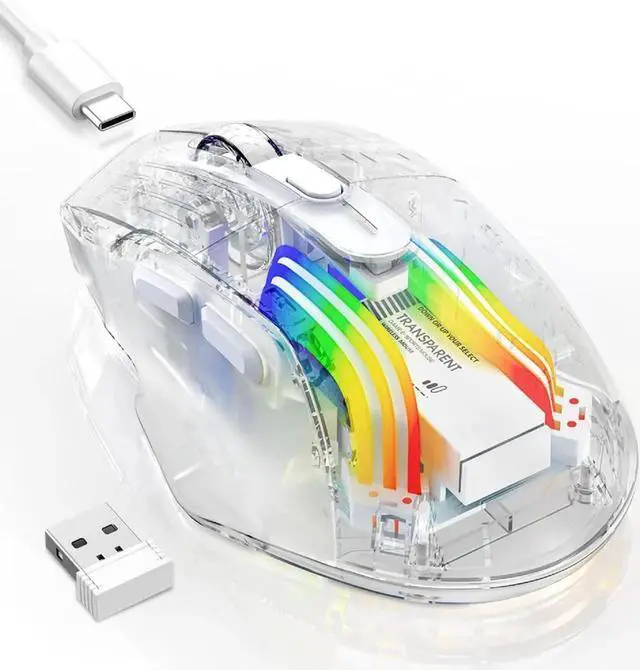 Main image of Wireless Gaming Mouse, Tri-Mode 2.4G/USB-C Wired/Bluetooth Mouse, Rechargeable Computer Mice with 5 DPI Levels, 6 Buttons, 11 RGB Lights, Ergonomic Gaming Mice for Laptop PC Mac-Transparent