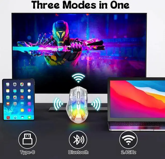 Alt view image 2 of 7 - Wireless Gaming Mouse, Tri-Mode 2.4G/USB-C Wired/Bluetooth Mouse, Rechargeable Computer Mice with 5 DPI Levels, 6 Buttons, 11 RGB Lights, Ergonomic Gaming Mice for Laptop PC Mac-Transparent