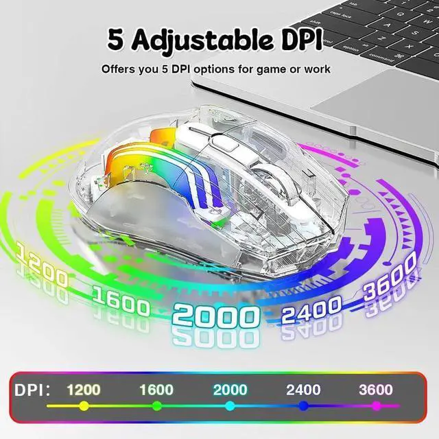 Alt view image 3 of 7 - Wireless Gaming Mouse, Tri-Mode 2.4G/USB-C Wired/Bluetooth Mouse, Rechargeable Computer Mice with 5 DPI Levels, 6 Buttons, 11 RGB Lights, Ergonomic Gaming Mice for Laptop PC Mac-Transparent