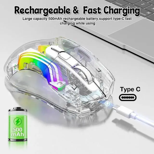 Alt view image 5 of 7 - Wireless Gaming Mouse, Tri-Mode 2.4G/USB-C Wired/Bluetooth Mouse, Rechargeable Computer Mice with 5 DPI Levels, 6 Buttons, 11 RGB Lights, Ergonomic Gaming Mice for Laptop PC Mac-Transparent