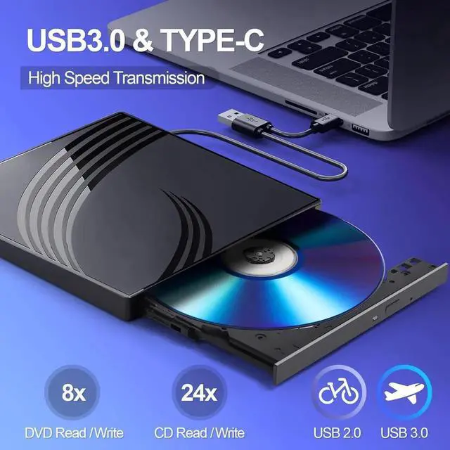Alt view image 2 of 7 - [8 in 1] External CD/DVD Drive for Laptop, USB 3.0 Ultra Slim External CD/DVD Player with 4 USB-A Ports, 1 Type-C Port, 2 TF/SD Card Slots, External CD/DVD Burner Compatible with macOS/Windows/Linux