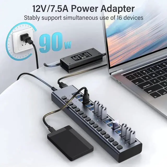 Alt view image 3 of 7 - Powered USB Hub 3.0,16 Ports Powered USB 3.0 Data Hub, Individual On/Off Switches, 12V7.5A 90W Power Adapter, USB Hub 3.0 Splitter Extension for MacBook, Mac Pro/Mini, i-Mac, Surface Pro Laptop/PC