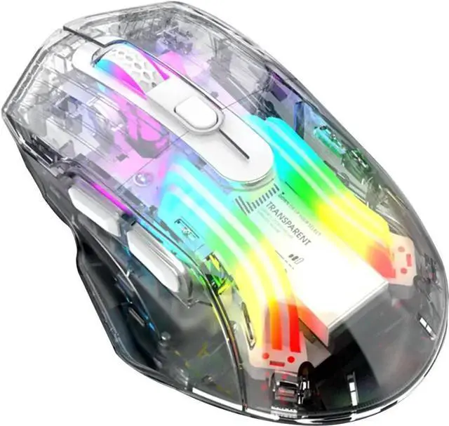 Alt view image 2 of 7 - Wireless Gaming Mice with Transparent Crystal Shell, Tri-Modes (USB Wired + 2.4G Wireless+ Bluetooth), Silent Click, Rechargeable Wireless Mouse with RGB Backlit- White