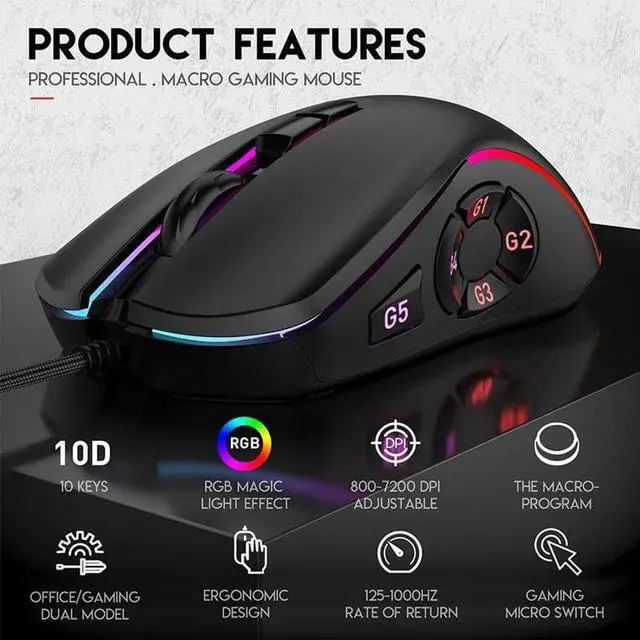 Alt view image 3 of 7 - Gaming Mouse USB Wired, RGB Backlit PC Mouse Computer Mice with 14 RGB LED Modes, 7200 DPI Adjustable, 10 Programmable Buttons, Ergonomic USB Optical Mouse for Windows MacOS Laptop Gamer
