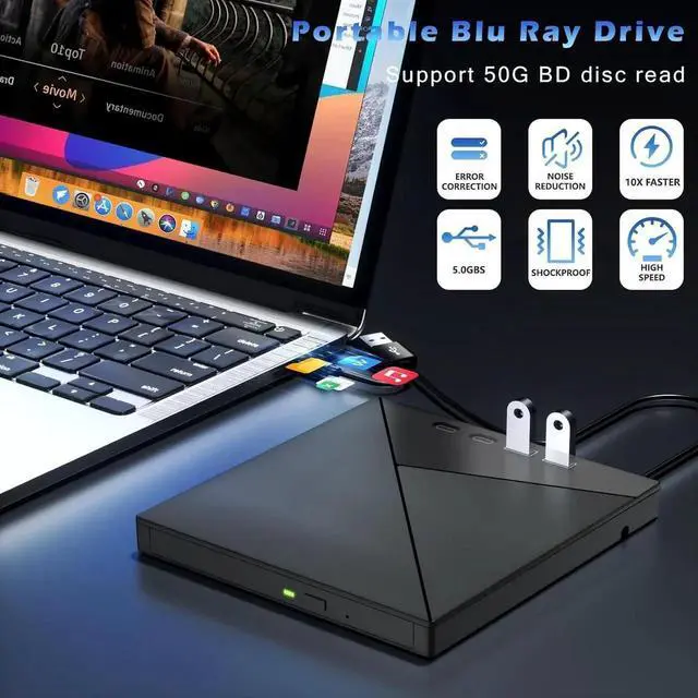 Alt view image 6 of 7 - 7 in 1 External Blu Ray Drive, 4K Blu Ray Burner with USB 3.0 Type-C Portable Blu Ray Drive, CD DVD Burner 3D BD Player with SD/TF Ports, 4K Optical Drive Compatible with Windows, Linux, MacOSdd