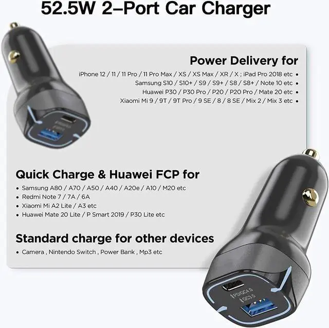 Alt view image 4 of 7 - USB C Car Charger Adapter, 52.5W Dual Port Fast USB Car Charger With Power Delivery & Quick Charger 3.0 Compatible with iPhone12/11/Pro Max/XS Max/XR/XS/X/8/7/Plus,Galaxy,LG,iPad,iPad Pro/Macbook Pro