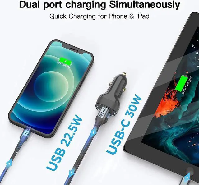 Alt view image 3 of 7 - USB C Car Charger Adapter, 52.5W Dual Port Fast USB Car Charger With Power Delivery & Quick Charger 3.0 Compatible with iPhone12/11/Pro Max/XS Max/XR/XS/X/8/7/Plus,Galaxy,LG,iPad,iPad Pro/Macbook Pro