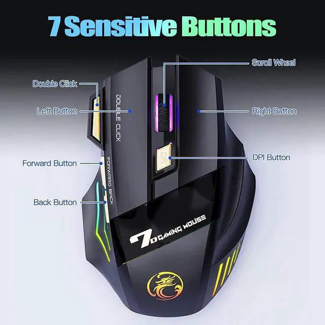 Alt view image 4 of 7 - WISDUM RGB Wireless Gaming Mouse, Rechargeable Silent Click Gaming Mouse with 2.4G USB Receiver, 3 Adjustable DPI [1200-2400-3200DPI] , 7 Sensitive Buttons Ergonomic RGB Gaming Mouse for Laptop PC Mac