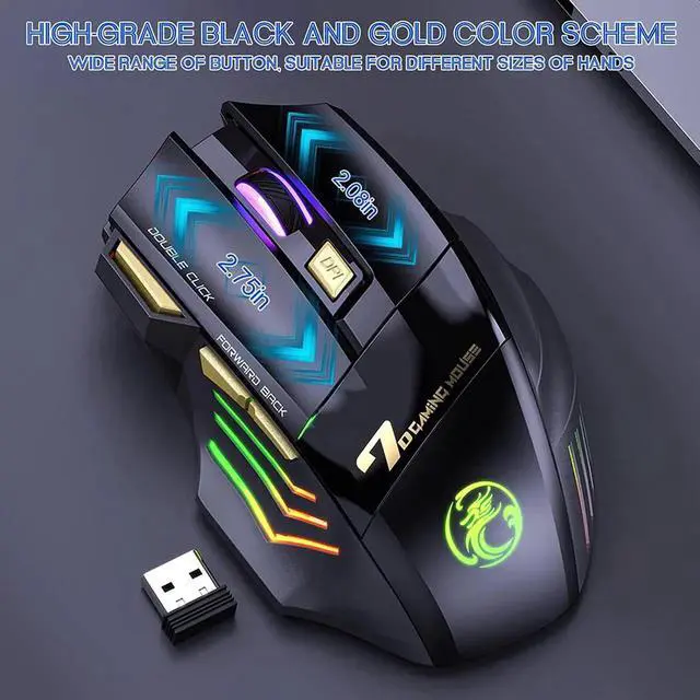 Alt view image 2 of 7 - WISDUM RGB Wireless Gaming Mouse, Rechargeable Silent Click Gaming Mouse with 2.4G USB Receiver, 3 Adjustable DPI [1200-2400-3200DPI] , 7 Sensitive Buttons Ergonomic RGB Gaming Mouse for Laptop PC Mac