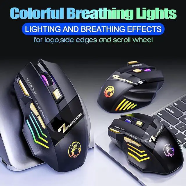 Alt view image 5 of 7 - WISDUM RGB Wireless Gaming Mouse, Rechargeable Silent Click Gaming Mouse with 2.4G USB Receiver, 3 Adjustable DPI [1200-2400-3200DPI] , 7 Sensitive Buttons Ergonomic RGB Gaming Mouse for Laptop PC Mac