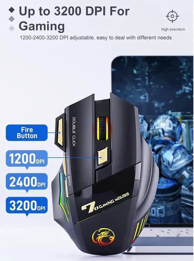 Alt view image 3 of 7 - WISDUM RGB Wireless Gaming Mouse, Rechargeable Silent Click Gaming Mouse with 2.4G USB Receiver, 3 Adjustable DPI [1200-2400-3200DPI] , 7 Sensitive Buttons Ergonomic RGB Gaming Mouse for Laptop PC Mac