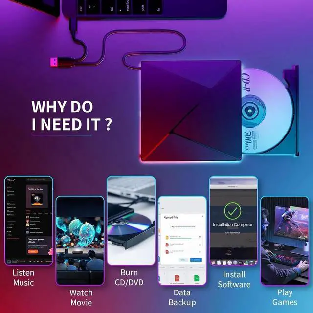 Alt view image 7 of 7 - IHDAPP RGB DVD Player for Laptop, External CD DVD Drive for Mac, USB 3.0 USB C Portable CD Burner External Disk Drive, DVD Reader Writer ROM Drive Compatible with Laptop Desktop Mac,Windows 11/10/8/7