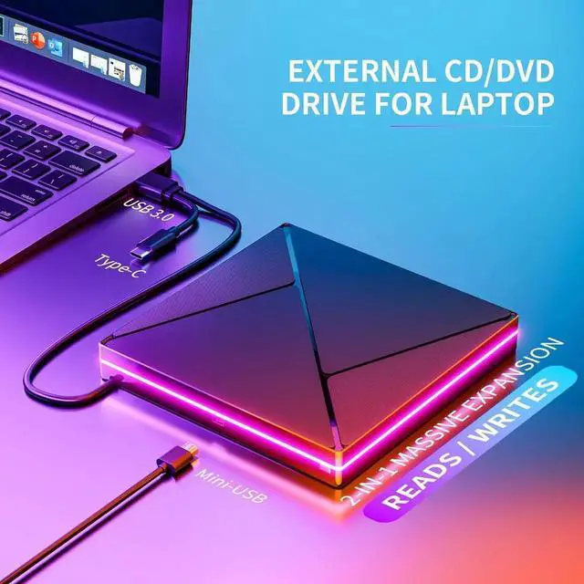 Alt view image 2 of 7 - IHDAPP RGB DVD Player for Laptop, External CD DVD Drive for Mac, USB 3.0 USB C Portable CD Burner External Disk Drive, DVD Reader Writer ROM Drive Compatible with Laptop Desktop Mac,Windows 11/10/8/7