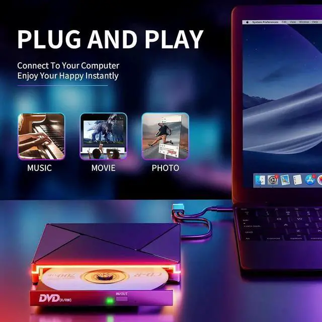Alt view image 5 of 7 - IHDAPP RGB DVD Player for Laptop, External CD DVD Drive for Mac, USB 3.0 USB C Portable CD Burner External Disk Drive, DVD Reader Writer ROM Drive Compatible with Laptop Desktop Mac,Windows 11/10/8/7