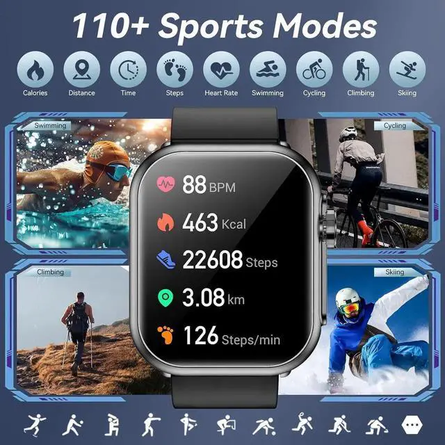 Alt view image 2 of 7 - WISDUM Smart Watch for Men Women, 1000mAh Battery 100-Day Standby Time, 1.85" HD Screen Fitness Tracker, 110+ Sport Modes, IP68 Waterproof, Heart Rate/Sleep Monitor, Fitness Watch for Android/iOS