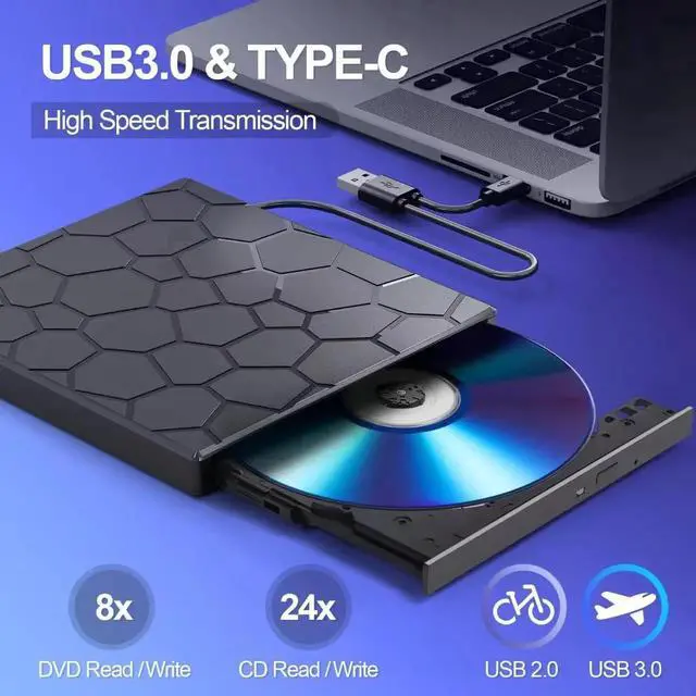 Alt view image 5 of 7 - [8 in 1] External CD/DVD Drive for Laptop, USB 3.0 Type C Ultra-Slim Portable DVD Player for Laptop, CD ROM Burner Writer External Disk Drive Optical Compatible with Laptop Desktop Windows Linux MacOS