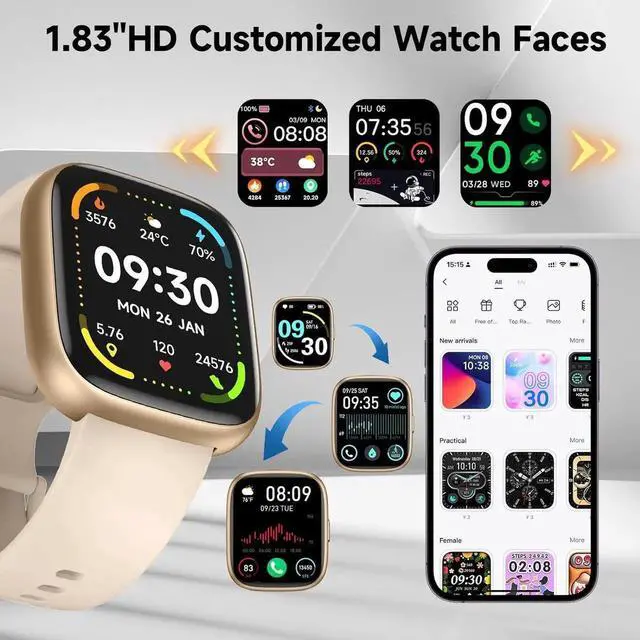 Alt view image 4 of 7 - WISDUM Smart Watch, Alexa Built-in Smartwatch(Answer/Make Calls),1.83" HD Fitness Tracker,IP68 Waterproof 100+ Sport Mode Activity Tracker,Heart Rate SpO2 Sleep Monitor, iOS Android Compatible (Gold)
