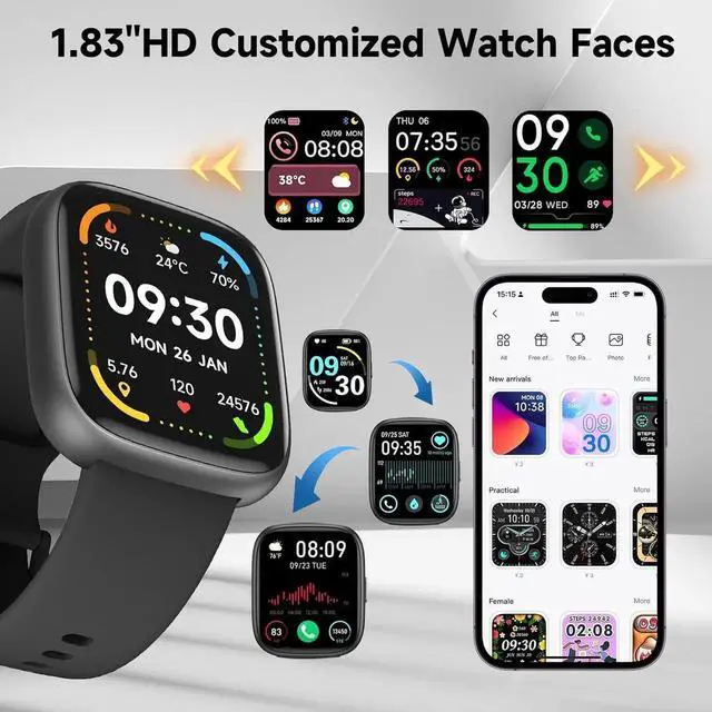 Alt view image 5 of 7 - WISDUM Smart Watch, Alexa Built-in Smartwatch(Answer/Make Calls),1.83" HD Fitness Tracker,IP68 Waterproof 100+ Sport Mode Activity Tracker,Heart Rate SpO2 Sleep Monitor, iOS Android Compatible(Black)