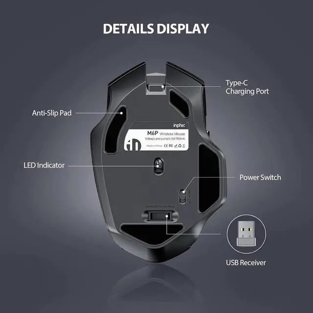 Alt view image 7 of 7 - WISDUM 2.4G RF Wireless Mouse, Rechargeable Mouse, Battery Visible, 4 adjustable DPI (up to 2400 DPI), 6 Buttons, Ergonomic Large Mouse for Laptop, Computer, Windows 7/8/10/XP, Vista and Mac OS
