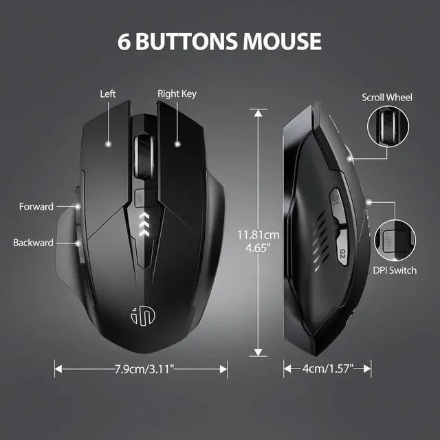 Alt view image 6 of 7 - WISDUM 2.4G RF Wireless Mouse, Rechargeable Mouse, Battery Visible, 4 adjustable DPI (up to 2400 DPI), 6 Buttons, Ergonomic Large Mouse for Laptop, Computer, Windows 7/8/10/XP, Vista and Mac OS