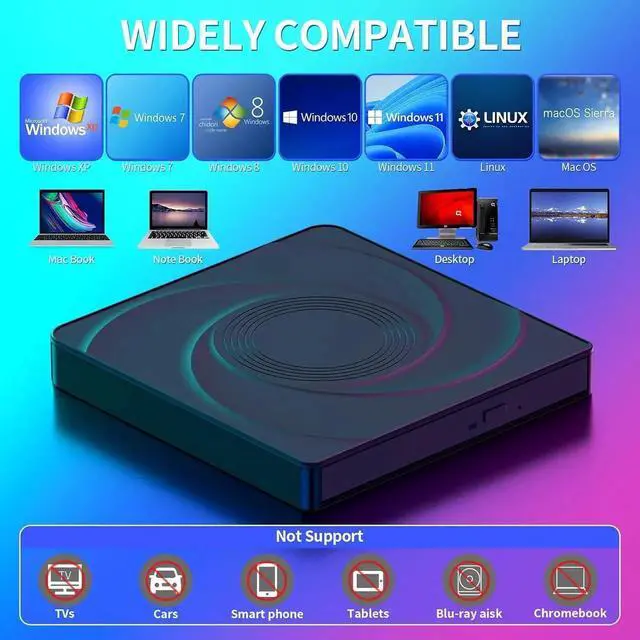 Alt view image 4 of 7 - External CD/DVD Drive for Laptop, USB 3.0 & Type-C External Optical Drive CD Burner DVD Player, Portable CD DVD +/-RW Drive - Plug and Play, Compatible with Windows XP/7/8/10/11,Linux,MacOS PC (Black)