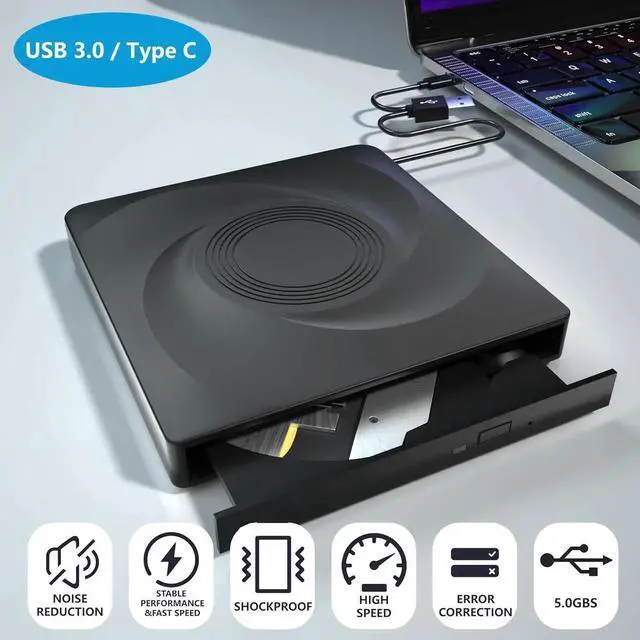 Main image of External CD/DVD Drive for Laptop, USB 3.0 & Type-C External Optical Drive CD Burner DVD Player, Portable CD DVD +/-RW Drive - Plug and Play, Compatible with Windows XP/7/8/10/11,Linux,MacOS PC (Black)