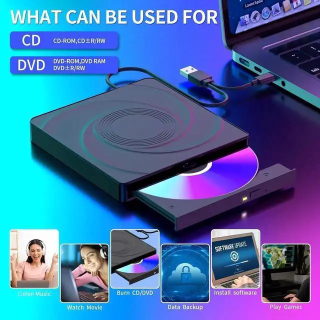 Alt view image 2 of 7 - External CD/DVD Drive for Laptop, USB 3.0 & Type-C External Optical Drive CD Burner DVD Player, Portable CD DVD +/-RW Drive - Plug and Play, Compatible with Windows XP/7/8/10/11,Linux,MacOS PC (Black)