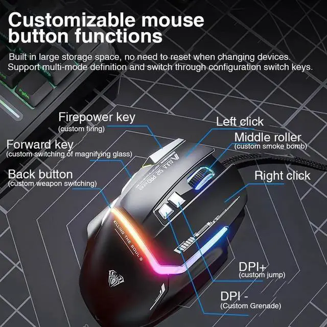 Alt view image 4 of 7 - Wired Gaming Mouse,12800 DPI Optical Gamer Mouse with RGB Backlit, 8 Programmable Buttons, Software Supports DIY Keybinds Rapid Fire Button, 6 adjustable DPI (up to 12800 DPI), Ergonomic Gaming Mice