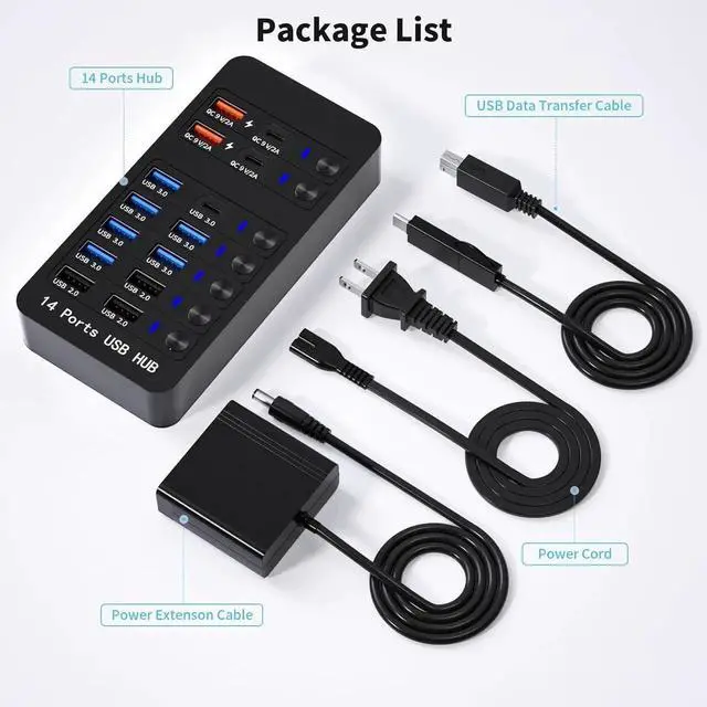 Alt view image 7 of 7 - Powered USB 3.0 Hub, 14 Ports USB Splitter Hub (10 Faster Data Transfer Ports + 4 Smart USB Charging Port) USB Hub with LED Individual On/Off Switches for PC, Laptop, Desktop