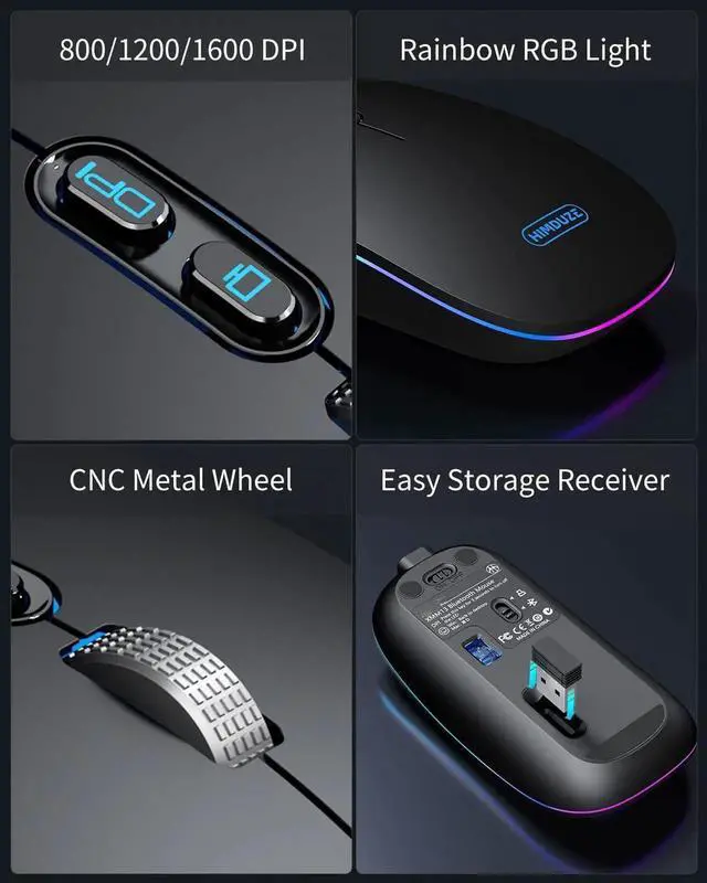 Alt view image 6 of 7 - LED Bluetooth Mouse, Rechargeable Silent Bluetooth Wireless Mouse Dual Mode (BT 5.1 + 2.4G USB) with Home Button, Portable Optical RGB Cordless Mice for Laptop Computer PC Mac, Black