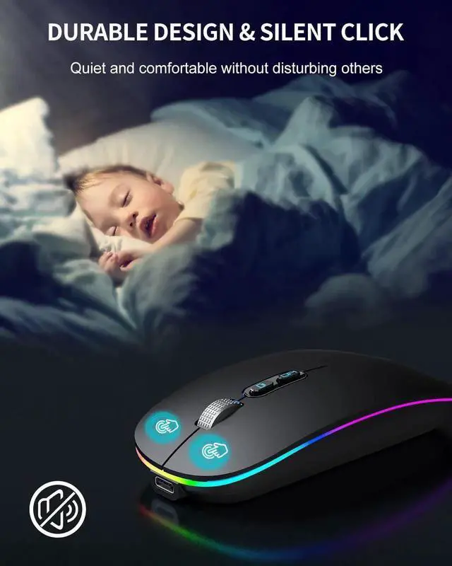 Alt view image 5 of 7 - LED Bluetooth Mouse, Rechargeable Silent Bluetooth Wireless Mouse Dual Mode (BT 5.1 + 2.4G USB) with Home Button, Portable Optical RGB Cordless Mice for Laptop Computer PC Mac, Black