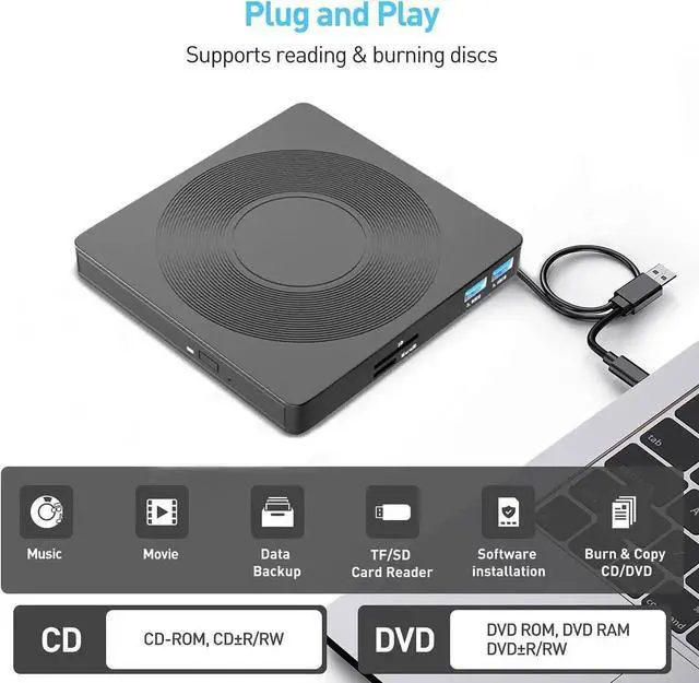 Alt view image 5 of 7 - WISDUM [5-in-1] External CD DVD Drive with 2 USB Ports and 1 TF 1 SD Card Slots, USB 3.0 Portable CD/DVD Disk Drive Player Burner Reader Writer for Laptop Desktop PC Windows 11/10/8/7/XP Linux Mac OS