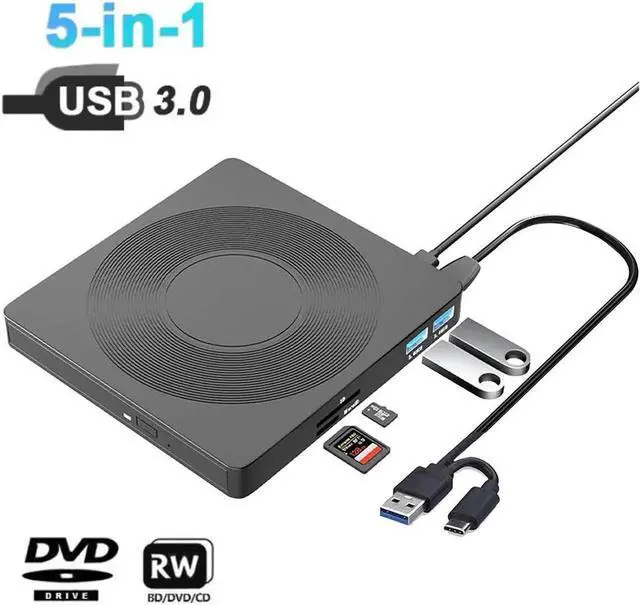 Main image of WISDUM [5-in-1] External CD DVD Drive with 2 USB Ports and 1 TF 1 SD Card Slots, USB 3.0 Portable CD/DVD Disk Drive Player Burner Reader Writer for Laptop Desktop PC Windows 11/10/8/7/XP Linux Mac OS