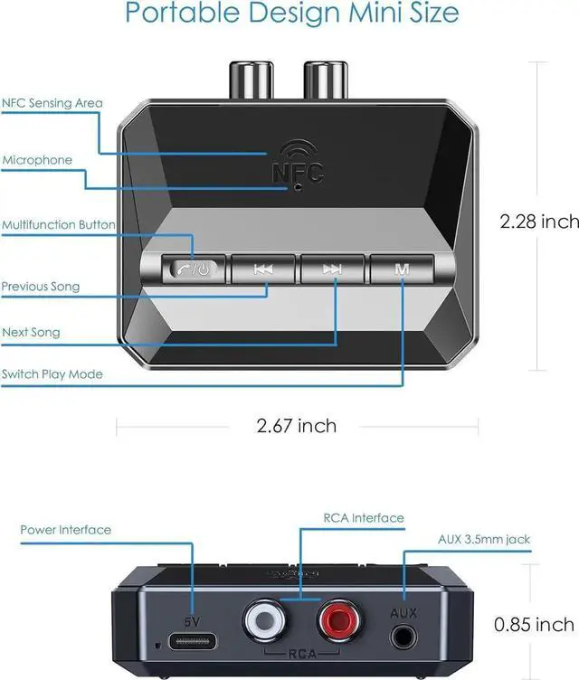 Alt view image 7 of 7 - WISDUM Bluetooth 5.3 Receiver Audio Adapter for Home Stereo, NFC-Enabled Bluetooth Stereo Adapter for Speakers, RCA 3.5mm AUX for Music Streaming Stereo System, Support USB Driver/TF Card Play Music