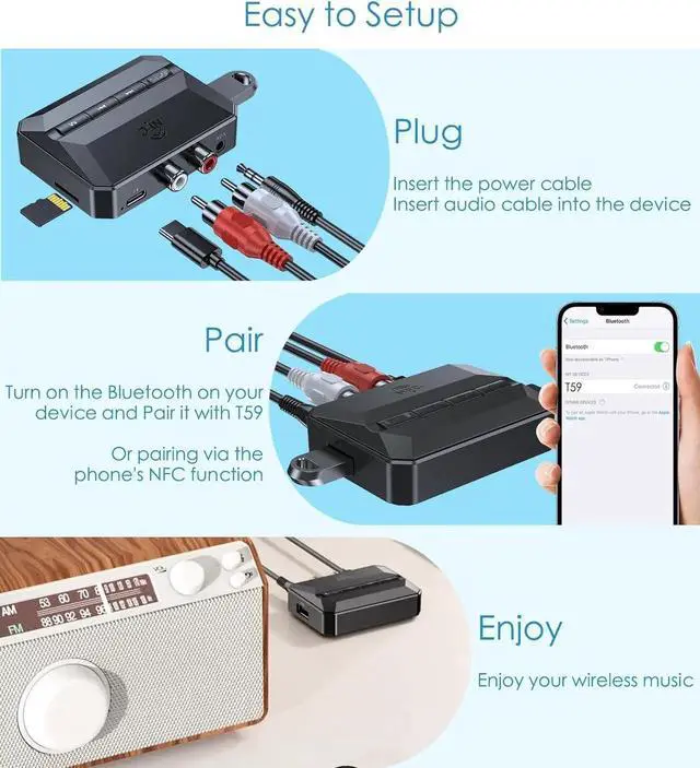 Alt view image 6 of 7 - WISDUM Bluetooth 5.3 Receiver Audio Adapter for Home Stereo, NFC-Enabled Bluetooth Stereo Adapter for Speakers, RCA 3.5mm AUX for Music Streaming Stereo System, Support USB Driver/TF Card Play Music