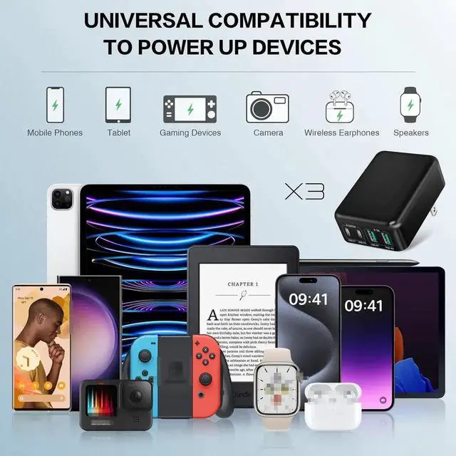 Alt view image 7 of 7 - WISDUM Flat USB C Wall Charger [3 Pack], Slim Fast Charging Block, 40W 4-Port USB C Charger Block Type C Power Adapter with Foldable Plug Compatible for i-Phone Android Cellphones Tablet PC.. (Black)