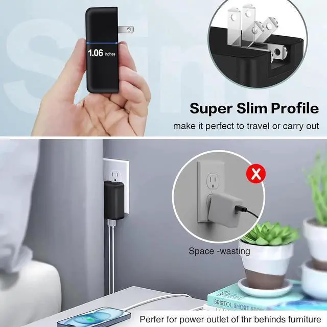 Alt view image 3 of 7 - WISDUM Flat USB C Wall Charger [3 Pack], Slim Fast Charging Block, 40W 4-Port USB C Charger Block Type C Power Adapter with Foldable Plug Compatible for i-Phone Android Cellphones Tablet PC.. (Black)