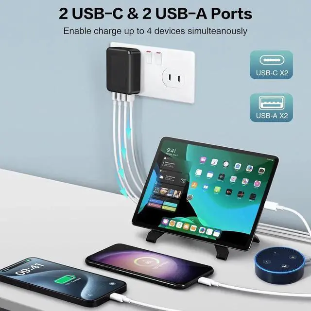 Alt view image 5 of 7 - WISDUM Flat USB C Wall Charger [3 Pack], Slim Fast Charging Block, 40W 4-Port USB C Charger Block Type C Power Adapter with Foldable Plug Compatible for i-Phone Android Cellphones Tablet PC.. (Black)