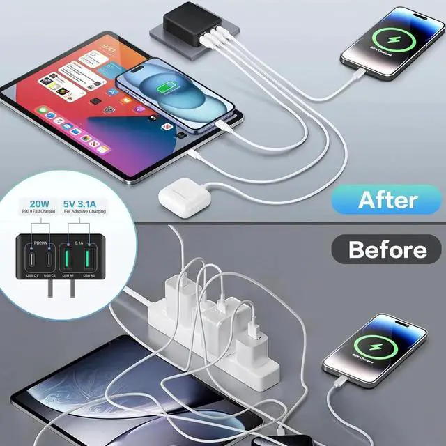 Alt view image 6 of 7 - WISDUM Flat USB C Wall Charger [3 Pack], Slim Fast Charging Block, 40W 4-Port USB C Charger Block Type C Power Adapter with Foldable Plug Compatible for i-Phone Android Cellphones Tablet PC.. (Black)